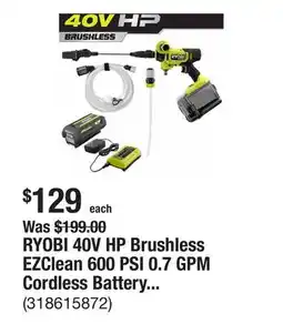 The Home Depot RYOBI 40V HP Brushless EZClean 600 PSI 0.7 GPM Cordless Battery Cold Water Power Cleaner with 2.0 Ah Battery and Charger offer
