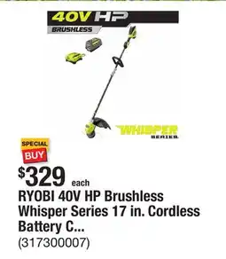 The Home Depot RYOBI 40V HP Brushless Whisper Series 17 in. Cordless Battery Carbon Fiber Shaft String Trimmer w/ 6.0 Ah Battery & Charger offer