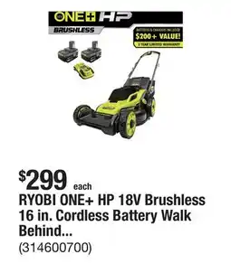 The Home Depot RYOBI ONE+ HP 18V Brushless 16 in. Cordless Battery Walk Behind Push Lawn Mower with (2) 4.0 Ah Batteries and (1) Charger offer