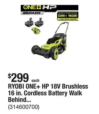 The Home Depot RYOBI ONE+ HP 18V Brushless 16 in. Cordless Battery Walk Behind Push Lawn Mower with (2) 4.0 Ah Batteries and (1) Charger offer