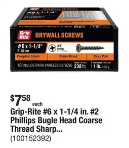The Home Depot Grip-Rite #6 x 1-1/4 in. #2 Phillips Bugle Head Coarse Thread Sharp Point Drywall Screws (1 lb./Pack) offer