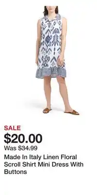 TJ Maxx Made In Italy Linen Floral Scroll Shirt Mini Dress With Buttons offer