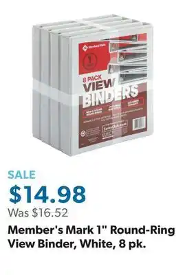 Sam's Club Member's Mark 1 Round-Ring View Binder, White, 8 pk offer