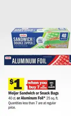 Meijer Meijer Sandwich or Snack Bags 40 ct. or Aluminum Foil* 25 sq. ft offer