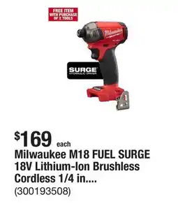 The Home Depot Milwaukee M18 FUEL SURGE 18V Lithium-Ion Brushless Cordless 1/4 in. Hex Impact Driver (Tool-Only) offer