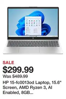 Office Depot HP 15-fc0013od Laptop, 15.6 Screen, AMD Ryzen 3, AI Enabled, 8GB Memory, 256GB Solid State Drive, Wi-Fi 6, Windows 11 Home offer