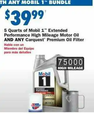 Carquest 5 Quarts Of Mobil 1 Extended Performance High Mileage Motor Oil offer