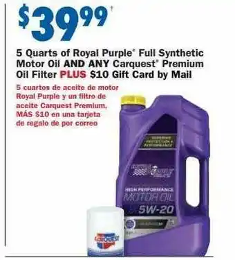 Carquest 5 Quarts Of Royal Purple Full Synthetic Motor Oil And Any Craquest Premium Oil Filter Plus offer