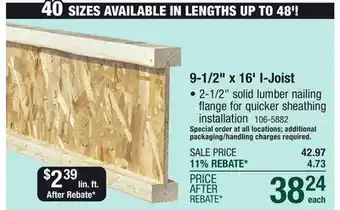 Menards 2-1/2 x 9-1/2 x 16' I-Joist 40 Series offer