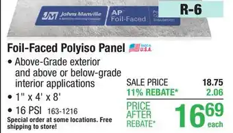 Menards R-6 (16 PSI) Johns Manville 1 x 4' x 8' Foil-Faced Polyiso Foam Board Insulation offer