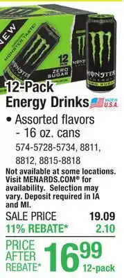 Menards Monster Energy Original Energy Drink - 12 Pack offer