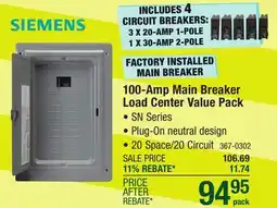 Menards Siemens SN 100-Amp 20-Space 20-Circuit Indoor Main Breaker Plug-On Neutral Load Center Value Pack offer
