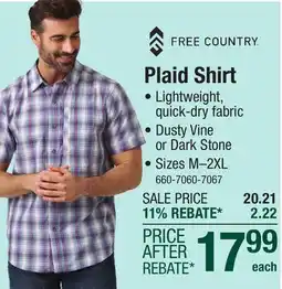 Menards Free Country Men's Dusty Vine Plaid Shirt - Medium offer
