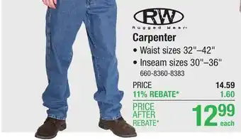 Menards RW Rugged Wear 32 x 30 Light Wash Men's Carpenter Denim Jeans offer