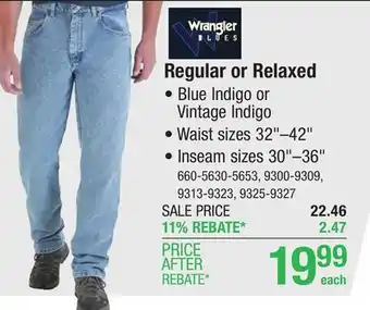 Menards Wrangler Blues 32 x 30 Blue Indigo Men's Regular/Classic Fit Denim Jeans offer