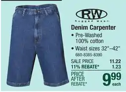 Menards RW Rugged Wear 32 Men's Light Wash Carpenter Denim Jean Shorts offer