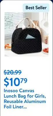 Walmart Inosoo Canvas Lunch Bag for Girls, Reusable Aluminum Foil Liner Insulated Tote Lunch Box for Women, Cooler & Thermal Lunch Ba offer