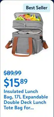 Walmart Insulated Lunch Bag, 17L Expandable Double Deck Lunch Tote Bag for Women/Men, Leakproof Freezable Cooler Box W/ Side Tissue P offer