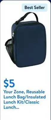 Walmart Your Zone, Reusable Lunch Bag/Insulated Lunch Kit/Classic Lunch Box, with Handles and Side Pocket offer