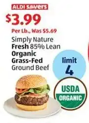 Aldi Simply Nature Fresh 85% Lean Organic Grass-Fed Ground Beef offer