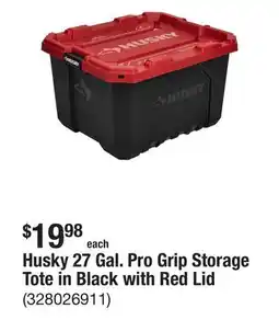 The Home Depot Husky 27 Gal. Pro Grip Storage Tote in Black with Red Lid offer