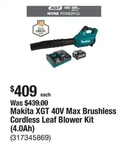 The Home Depot Makita XGT 40V Max Brushless Cordless Leaf Blower Kit (4.0Ah) offer