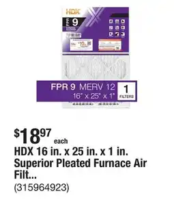 The Home Depot HDX 16 in. x 25 in. x 1 in. Superior Pleated Furnace Air Filter FPR 9, MERV 12 offer
