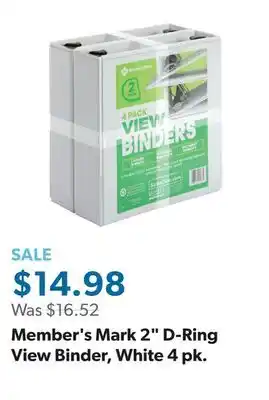 Sam's Club Member's Mark 2 D-Ring View Binder, White 4 pk offer