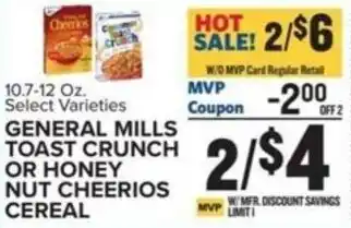 Food Lion GENERAL MILLS TOAST CRUNCH OR HONEY NUT CHEERIOS CEREAL offer