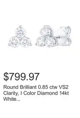 Costco Round Brilliant 0.85 ctw VS2 Clarity, I Color Diamond 14kt White Gold Three Stone Earrings offer