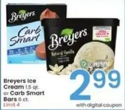Albertsons Breyers Ice Cream 1.5 qt or Carb Smart Bars 6 ct. offer