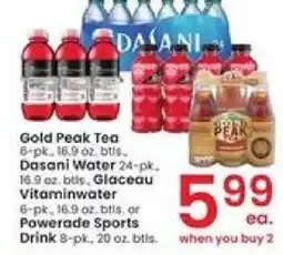 Albertsons Gold Peak Tea 6-pk 16.9 oz. bts. Dasani Water 24-pk. 16.9 oz. btls, Glaceau Vitaminwater offer