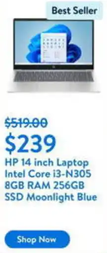 Walmart HP 14 inch Laptop Intel Core i3-N305 8GB RAM 256GB SSD Moonlight Blue offer