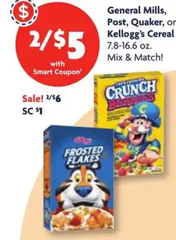 Family Dollar General Mills, Post, Quaker, or Kellogg's Cereal offer