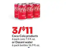Hy-Vee Coca-Cola products 6 pack cans 7.5 fl. oz. or Dasani water 6 pack bottles 16.9 fl. oz offer
