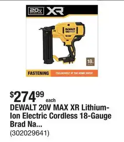 The Home Depot DEWALT 20V MAX XR Lithium-Ion Electric Cordless 18-Gauge Brad Nailer (Tool Only) offer