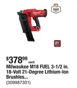 The Home Depot Milwaukee M18 FUEL 3-1/2 in. 18-Volt 21-Degree Lithium-Ion Brushless Cordless Framing Nailer (Tool-Only) offer