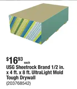 The Home Depot USG Sheetrock Brand 1/2 in. x 4 ft. x 8 ft. UltraLight Mold Tough Drywall offer