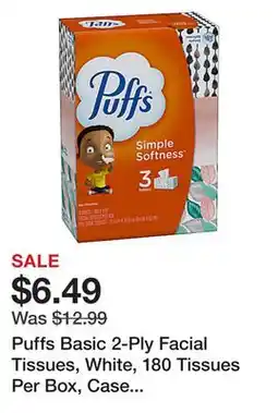 Office Depot Puffs Basic 2-Ply Facial Tissues, White, 180 Tissues Per Box, Case Of 3 Boxes offer