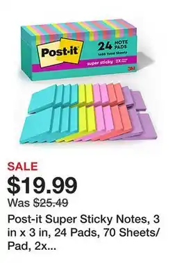 Office Depot Post-it Super Sticky Notes, 3 in x 3 in, 24 Pads, 70 Sheets/Pad, 2x the Sticking Power, Back to School Supplies for Students, offer