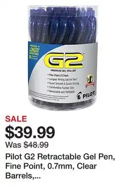 Office Depot Pilot G2 Retractable Gel Pen, Fine Point, 0.7mm, Clear Barrels, Blue Ink, Tub Of 36 Pens offer