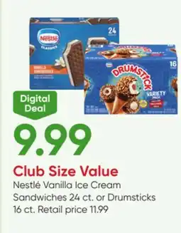 Stater Bros Nestlé Vanilla Ice Cream Sandwiches 24 ct. or Drumsticks 16 ct offer