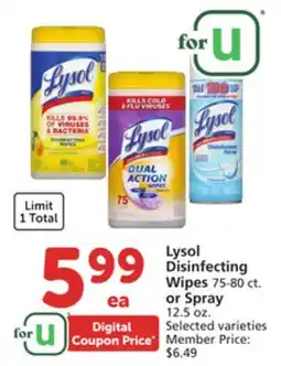 Lysol Disinfecting Wipes 75-80 ct. or Spray 12.5 oz