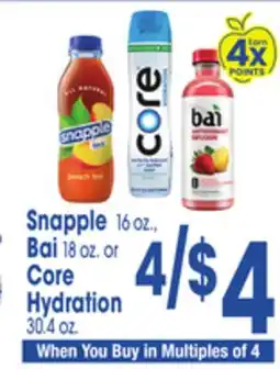 Jewel-Osco Snapple 16 oz., Bai 18 oz. or Core Hydration 30.4 oz offer
