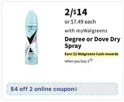 Walgreens Degree or Dove Dry Spray offer