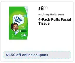 Walgreens 4-Pack Puﬀs Facial Tissue offer