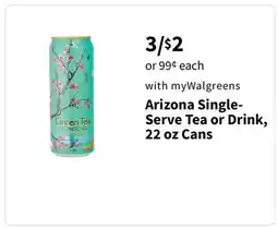 Walgreens Arizona Single- Serve Tea or Drink, 22 oz Cans offer