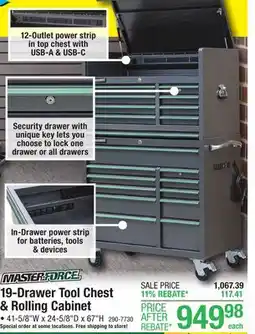 Menards Masterforce 41W x 24D Gunmetal 19-Drawer Rolling Tool Chest & Cabinet offer