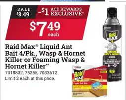 Ace Hardware Raid Max Liquid Ant Bait 4/Pk., Wasp & Hornet Killer or Foaming Wasp & Hornet Killer offer
