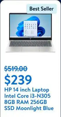 Walmart HP 14 inch Laptop Intel Core i3-N305 8GB RAM 256GB SSD Moonlight Blue offer